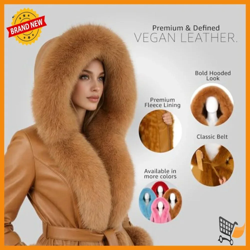 Vegan Leather Belted A Line Winter Coat with Faux Fur Trim Hood